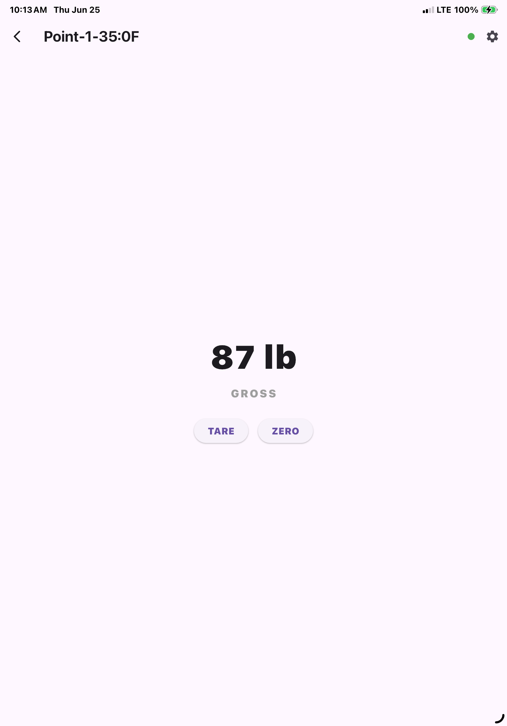 Live scale screen showing 87 lb readout
